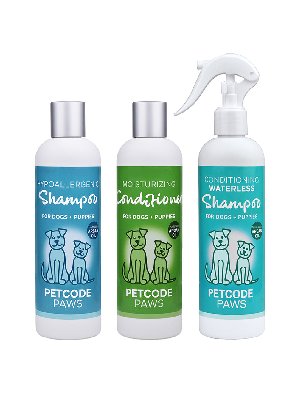 DOG GROOMING TRIO - Soothing Hypoallergenic Shampoo, Moisturizing Conditioner, Conditioning Waterless Shampoo